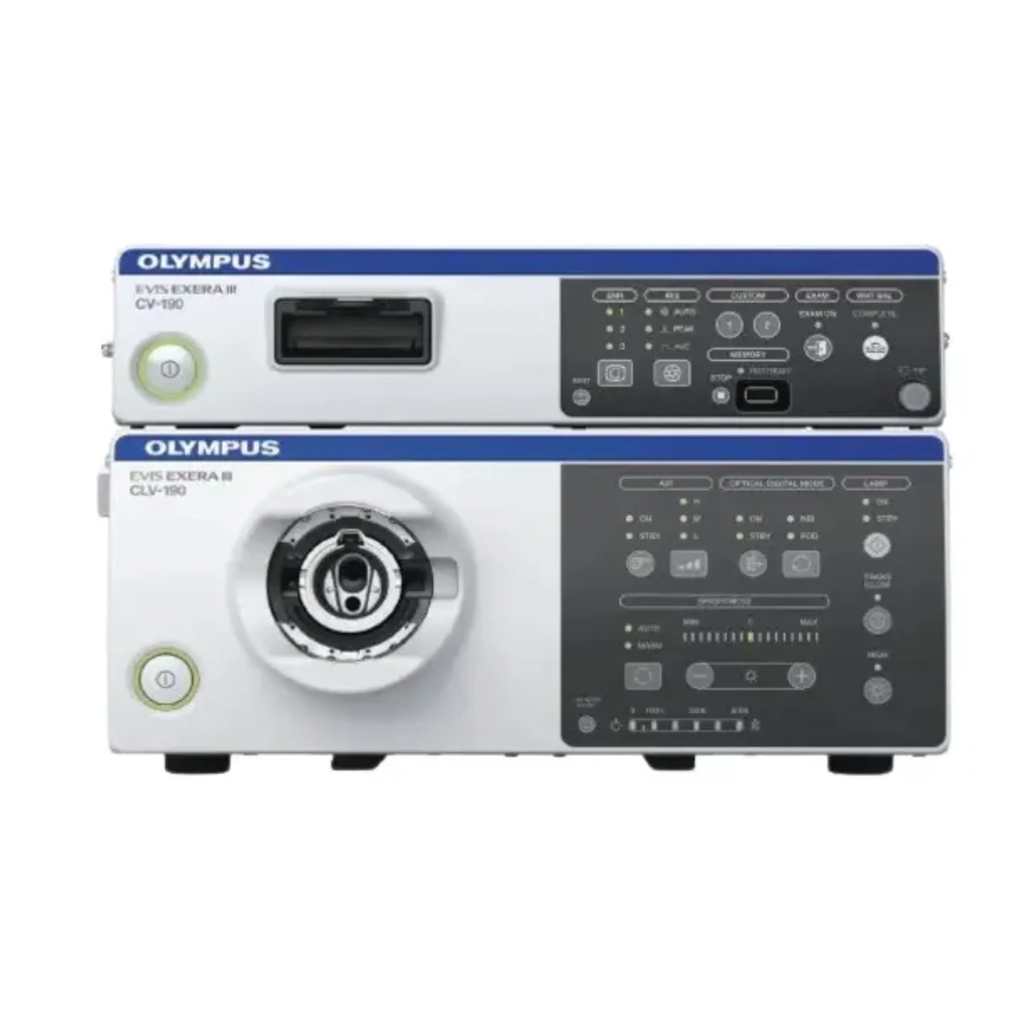 Olympus EVIS EXERA III CV-190 and CLV-190 endoscopy system units with control panels and ports