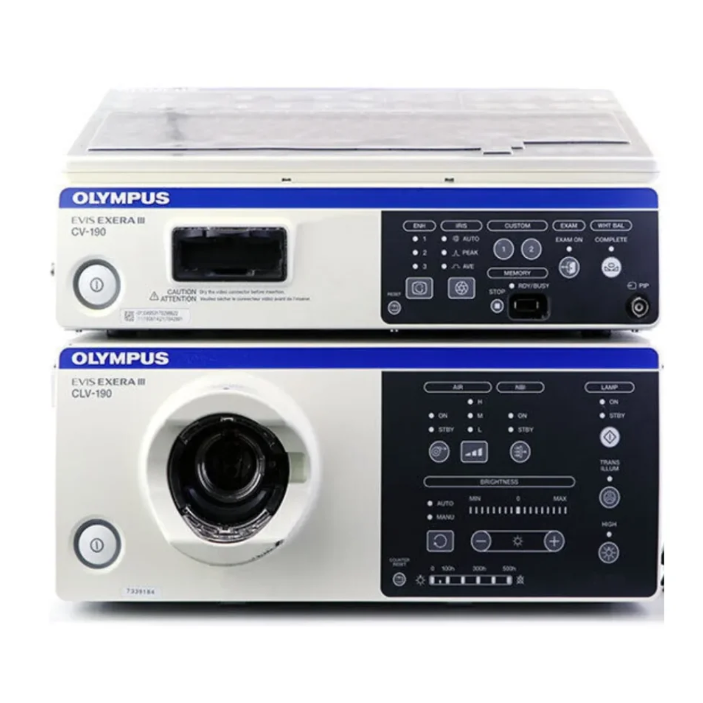 Olympus EVIS EXERA III CV-190 video processor paired with CLV-190 xenon light source, delivering HDTV imaging, NBI technology, and advanced endoscopic visualization.