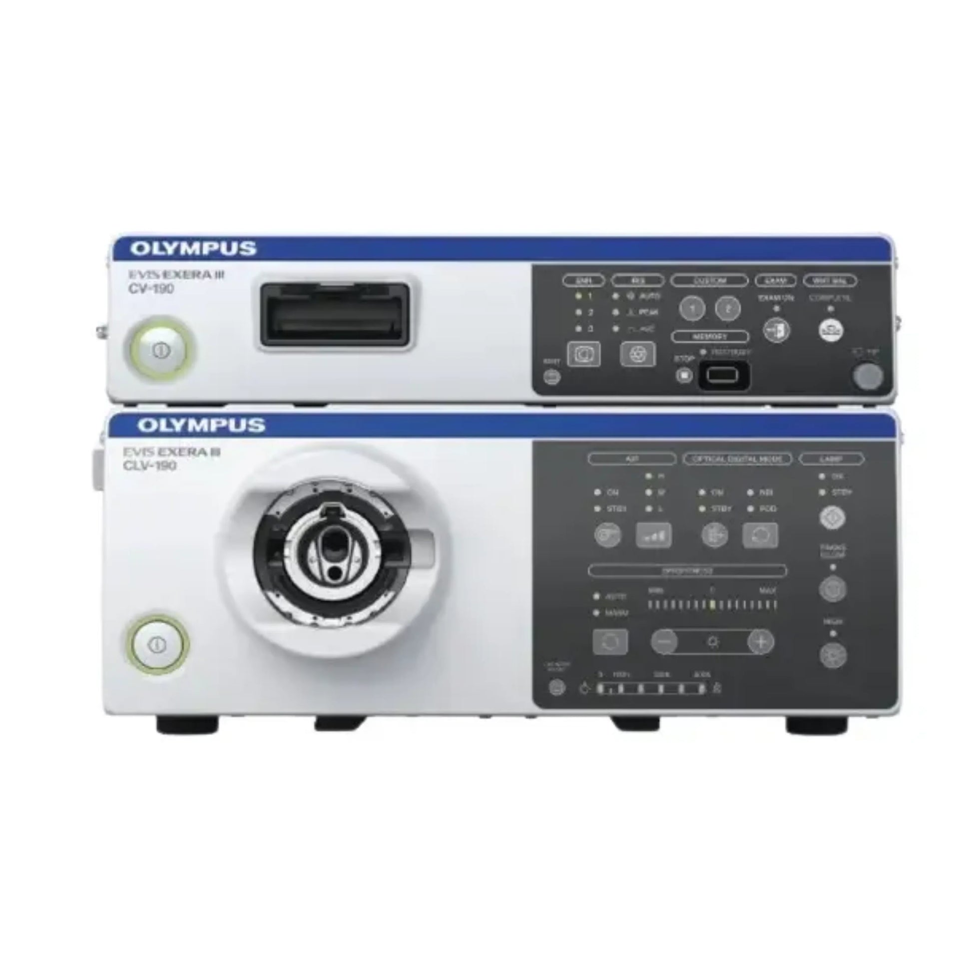 Olympus EVIS EXERA III CV-190 and CLV-190 endoscopy system units with control panels and ports