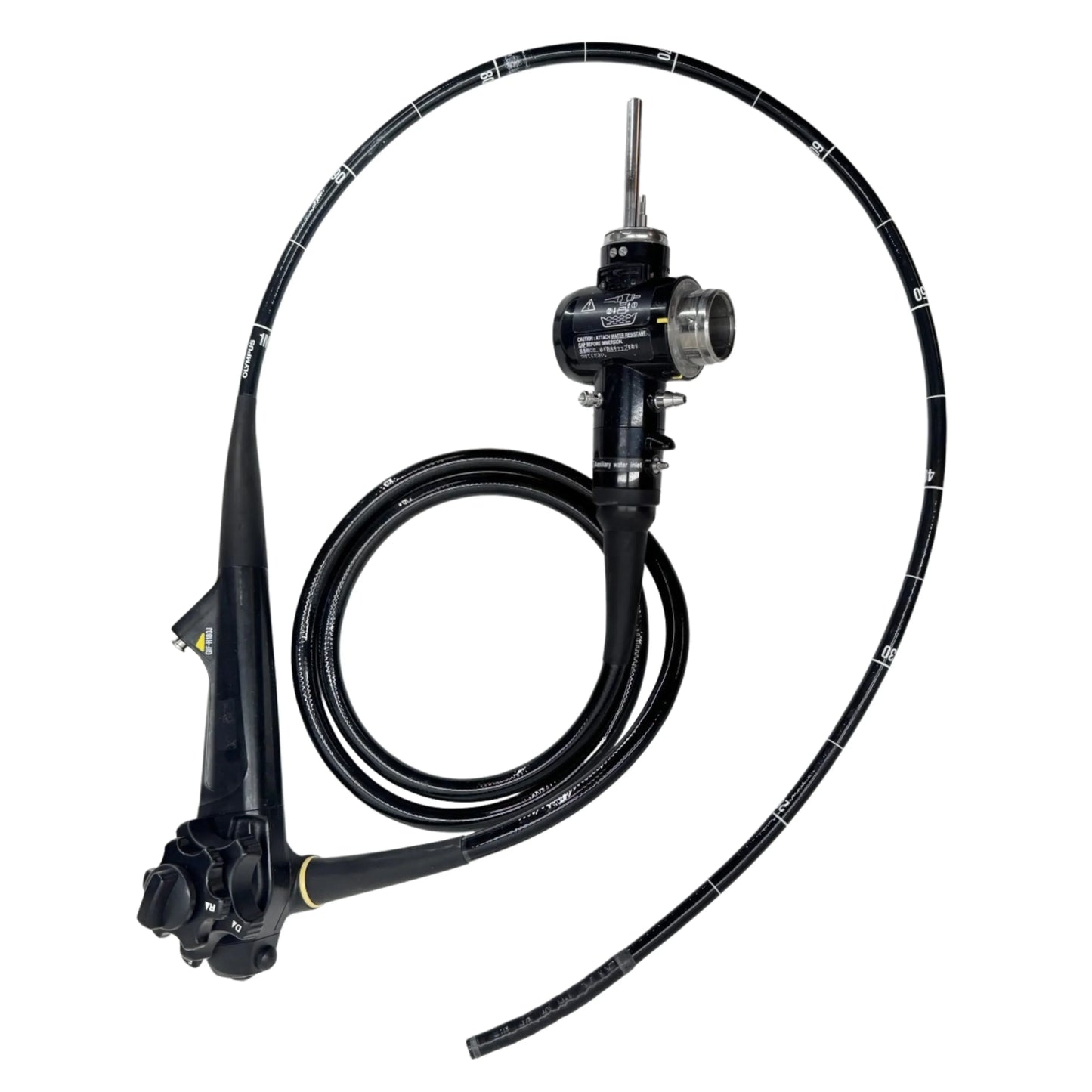 Olympus GIF-H190J flexible endoscope for gastrointestinal procedures, featuring control knobs and measurement markings