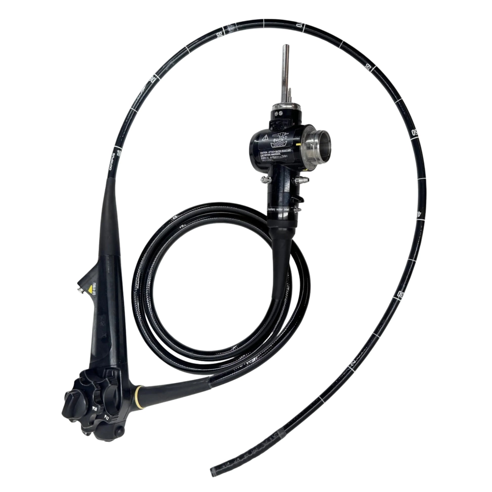 Olympus GIF-H190J flexible endoscope for gastrointestinal procedures, featuring control knobs and measurement markings