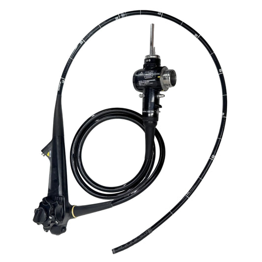 Olympus GIF-H190J flexible endoscope for gastrointestinal procedures, featuring control knobs and measurement markings