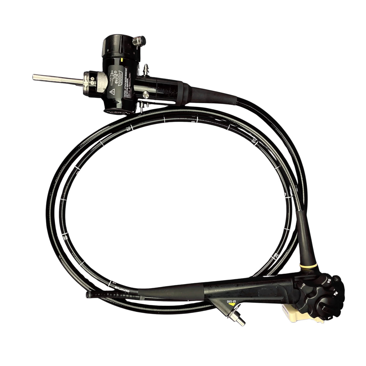 Olympus GIF-Q180 flexible endoscope for gastrointestinal procedures, featuring control knobs and measurement markings