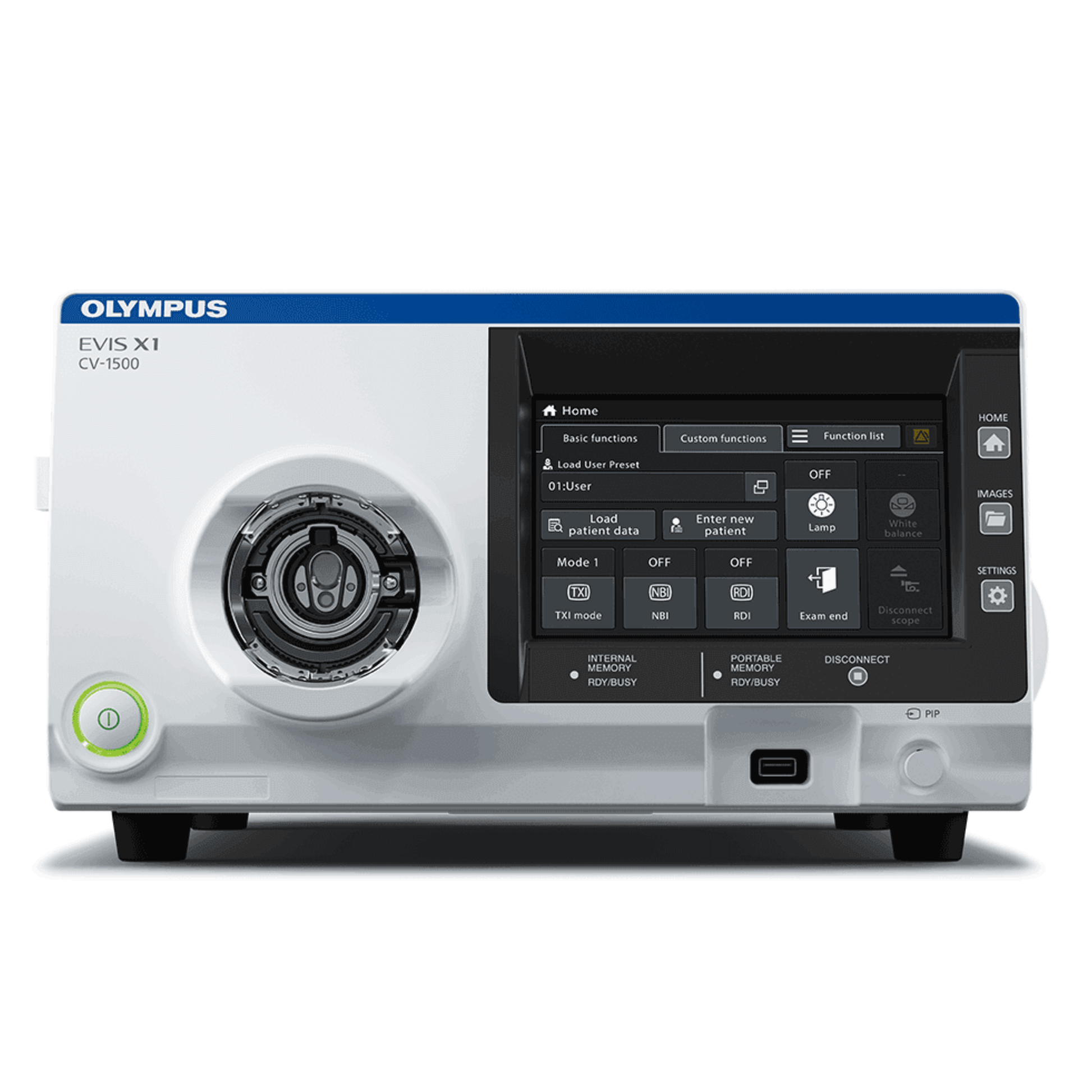 Olympus CV-1500 EVIS X1 video processor with advanced endoscopic imaging technologies including NBI, TXI, RDI, and EDOF for enhanced diagnostic performance.