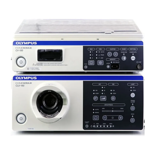 Olympus EVIS EXERA III CV-190 video processor paired with CLV-190 xenon light source, delivering HDTV imaging, NBI technology, and advanced endoscopic visualization.