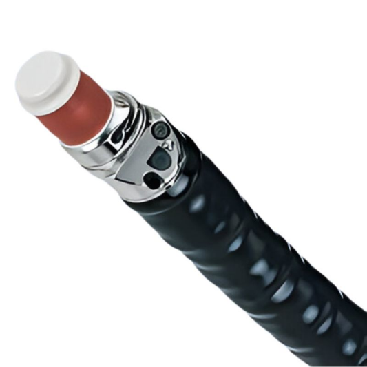 Flexible endoscope with black textured grip and metallic connector for medical procedures