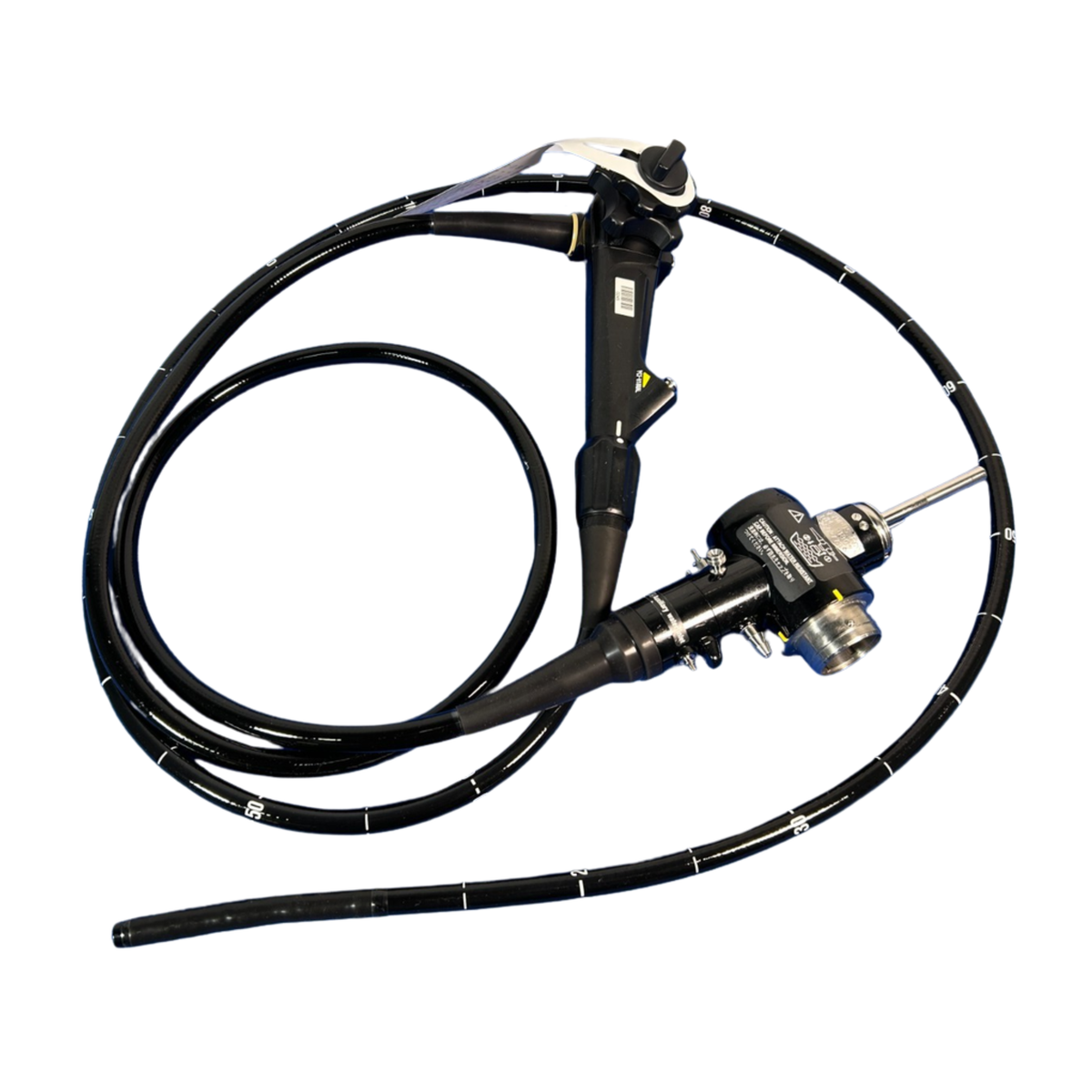Flexible endoscope for medical procedures, featuring a sleek black design with measurement markings.